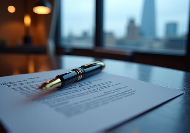 Close up of a professional signing a legal document in a London office setting