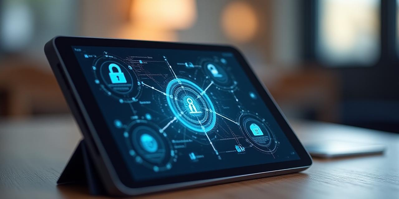 Close up of a professional wooden desk with a digital tablet showing security icons, symbolizing GDPR compliance in a modern office setup.